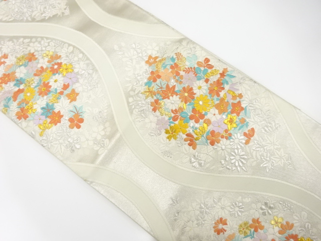 JAPANESE KIMONO / ANTIQUE FUKURO OBI / SILK / WOVEN AUTUMN FLOWERS